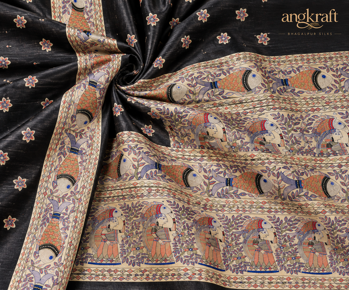 Handwoven Handpainted Bhagalpuri Tussar Ghicha Silk Saree-Black