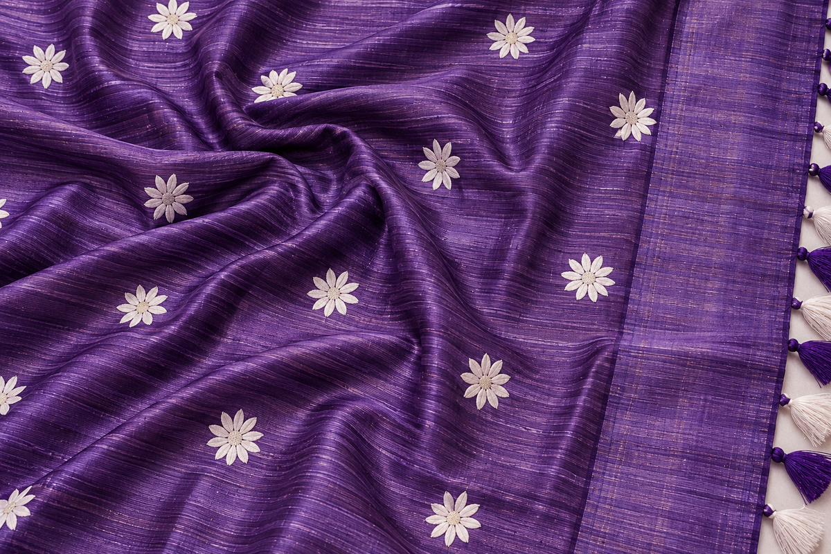 Handwoven Embroidered Bhagalpuri Tussar Ghicha Silk Saree-Purple