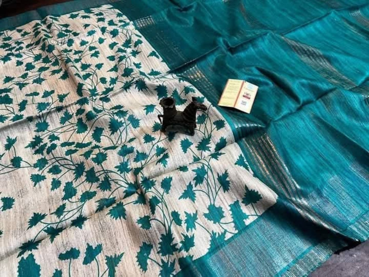 Handwoven Screenprinted Tussar Ghicha Silk Saree-Teal Floral