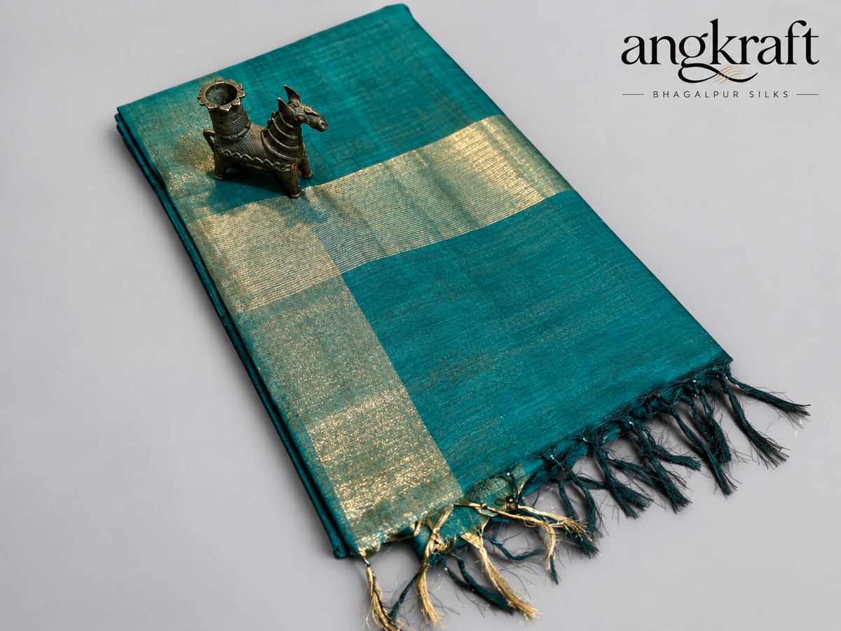 Handwoven Tussar by Tussar Bhagalpuri Silk Saree-Teal Blue