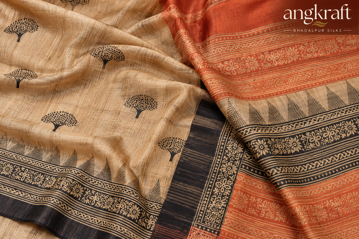 Handwoven Screeprinted Bhagalpuri Tussar Ghicha Silk Saree-Beige and Rust