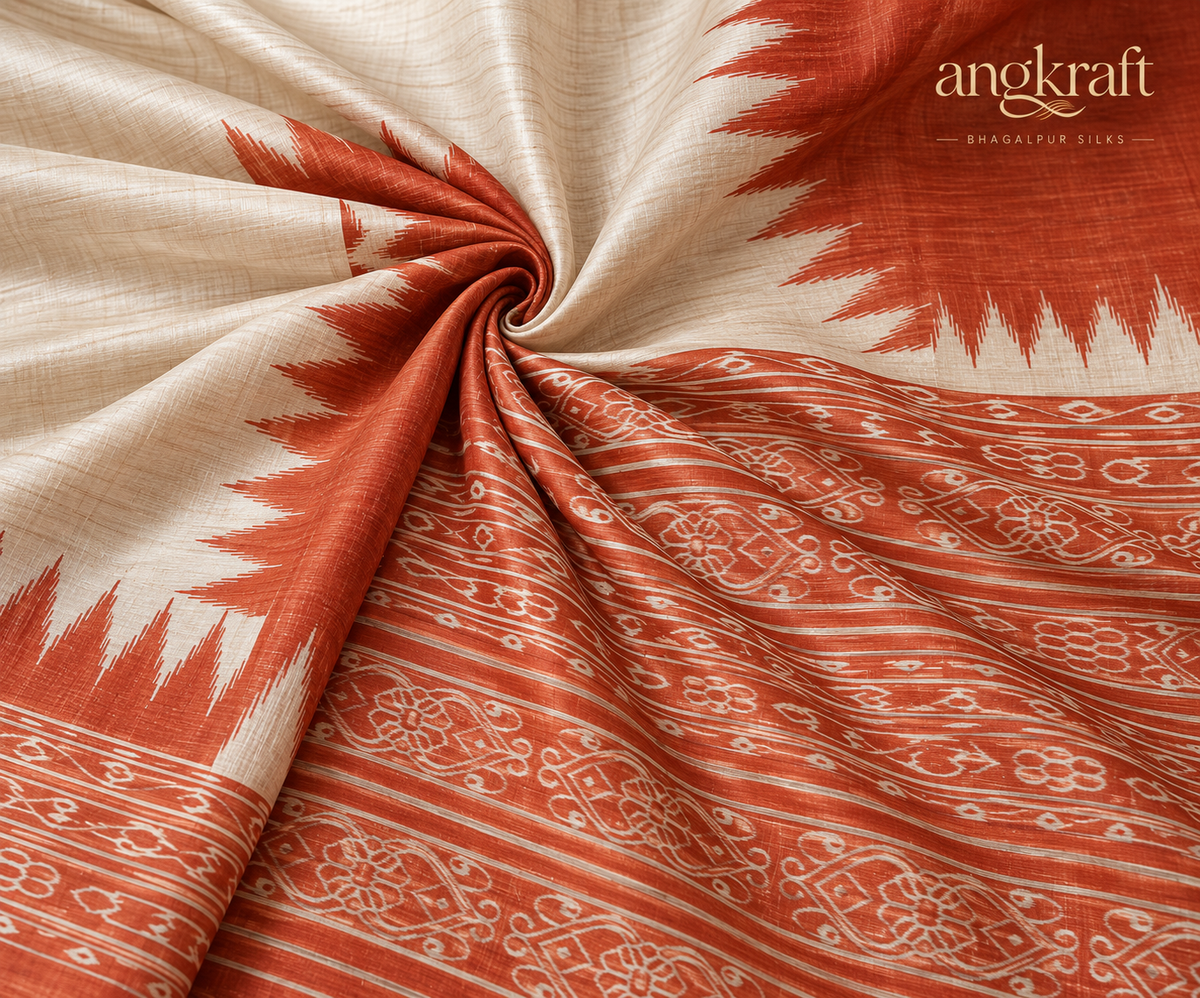 Handwoven Screeprinted Bhagalpuri Tussar Ghicha Silk Saree-Temple Border Rust
