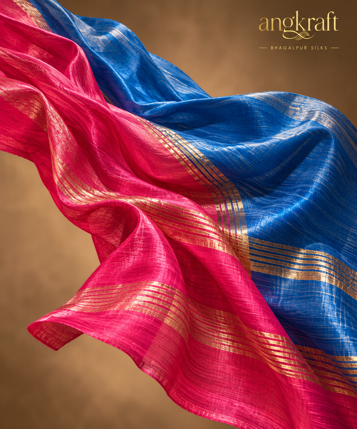 Handwoven Dual Tone Zari Border Bhagalpuri Tussar Ghicha Silk Saree