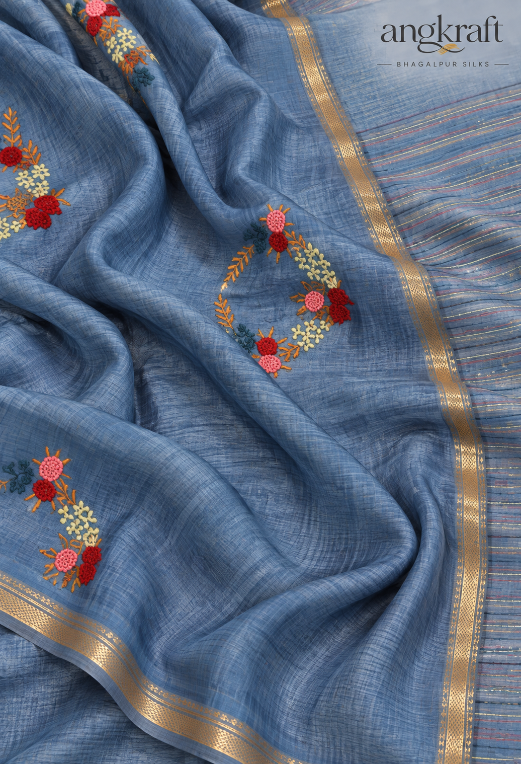 Bhagalpuri Linen Saree with Zari Border and Embroidery