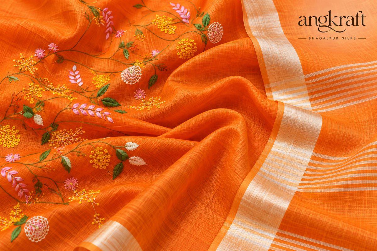 Bhagalpuri Linen Saree with Silver Border Zari and French Knot