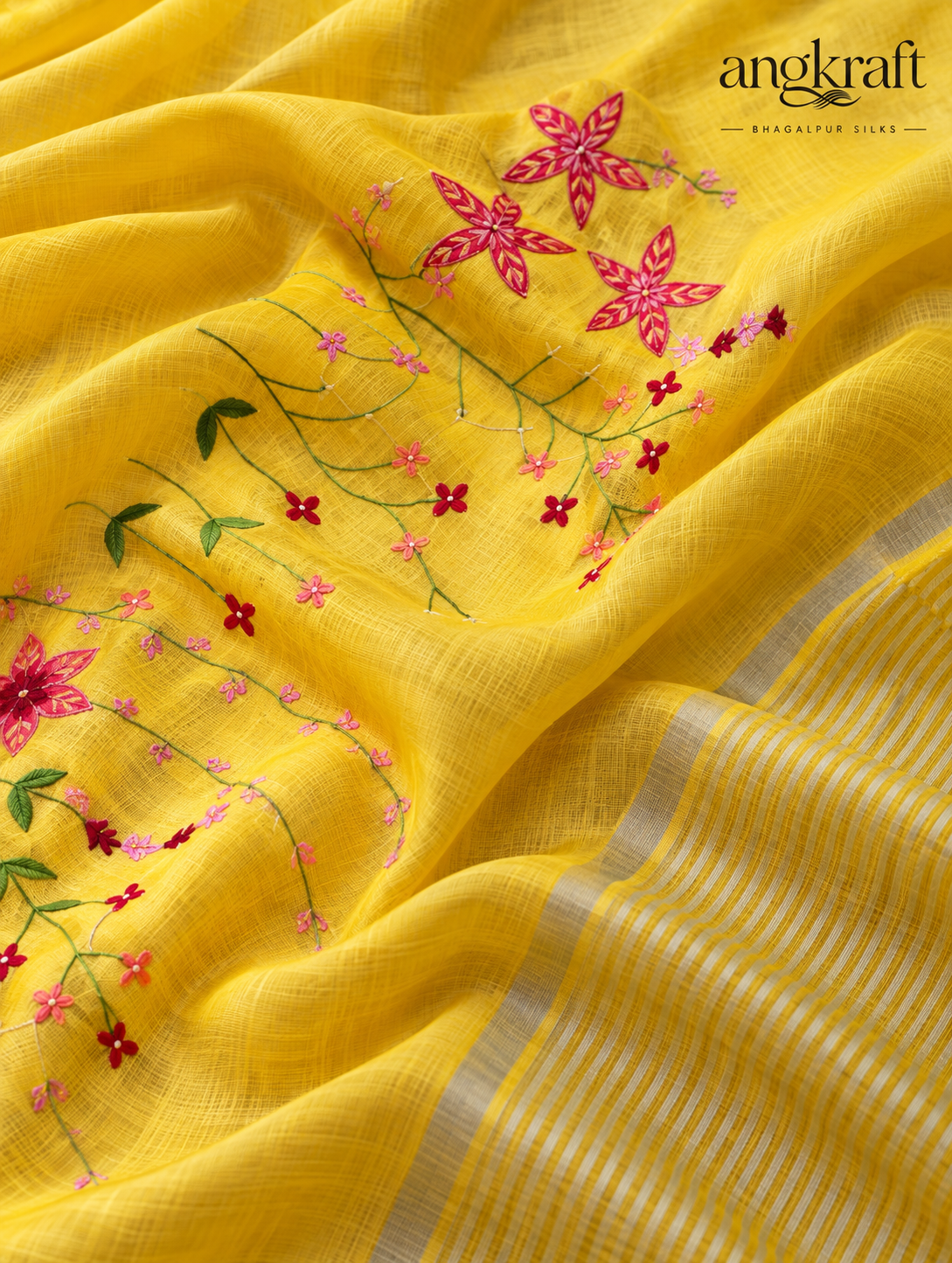 Bhagalpuri SunLit Yellow Linen Saree with French Knot Embroidery