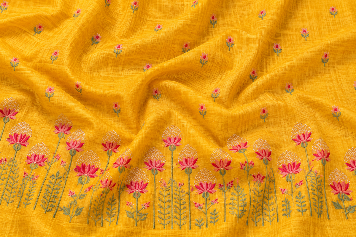 Embroidered Bhagalpuri Tussar Silk Saree-Mustard