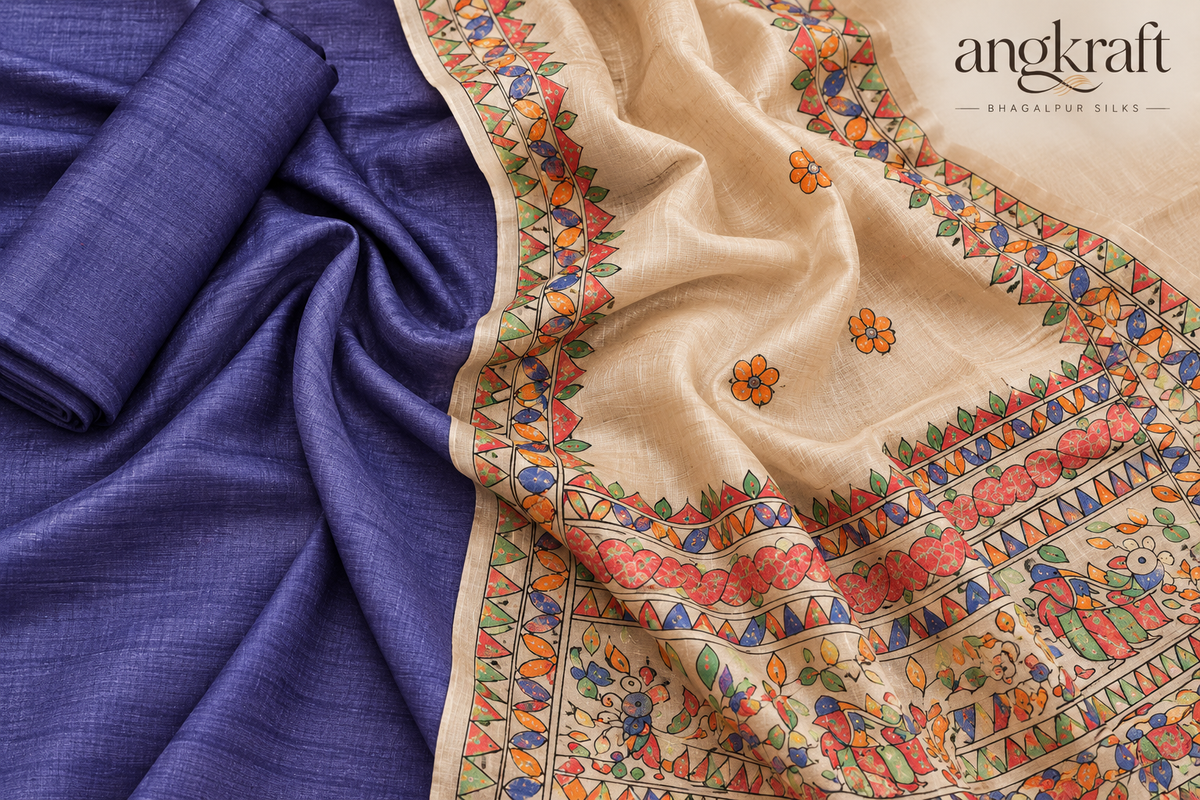 Handwoven Handpainted Madhubani Bhagalpuri Tussar Ghicha Suit Dupatta-Navy Blue