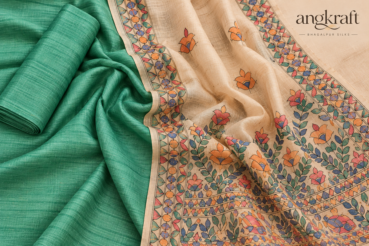 Handwoven Handpainted Madhubani Bhagalpuri Tussar Ghicha Suit Dupatta-Artisanal Green