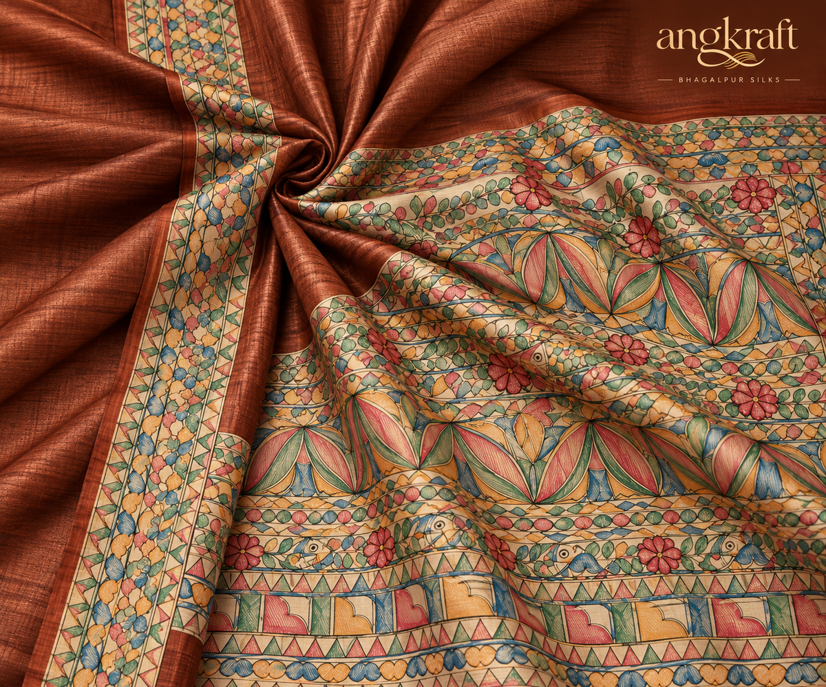 Handwoven Handpainted Madhubani Bhagalpuri Tussar Ghicha Silk Saree-Brown