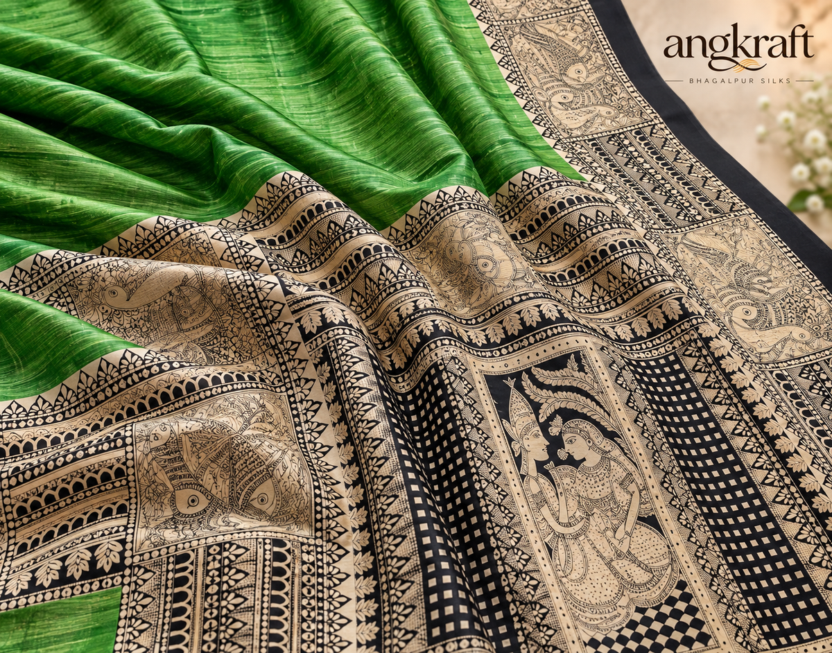 Handwoven Madhubani Screenprinted Bhagalpuri Tussar Ghicha Silk Saree-Heritage Green