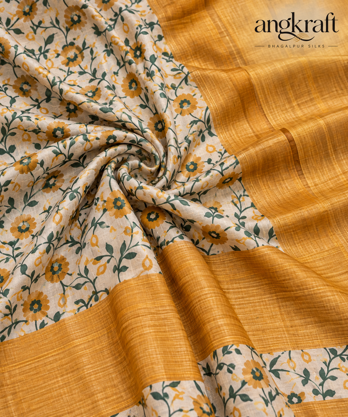 Handwoven Screenprinted Tussar Ghicha Silk Saree-Mustard Yellow and Cream