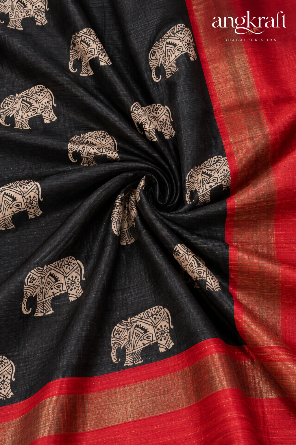 Handwoven Screenprinted Tussar Ghicha Silk Saree-Black