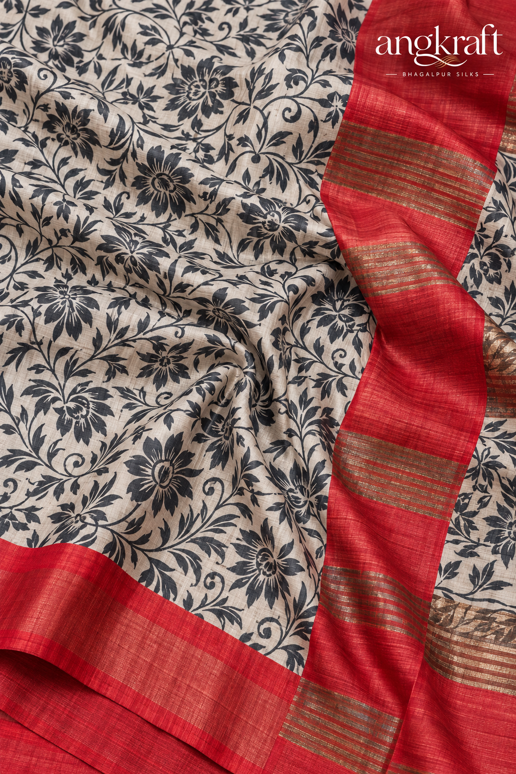 Handwoven Screenprinted Tussar Ghicha Silk Saree