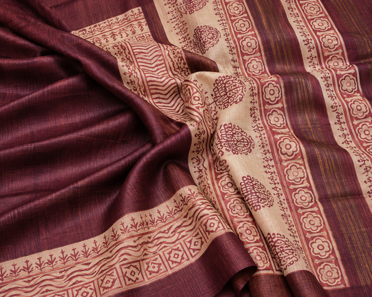 Handwoven Screenprinted Tussar Ghicha Silk Saree
