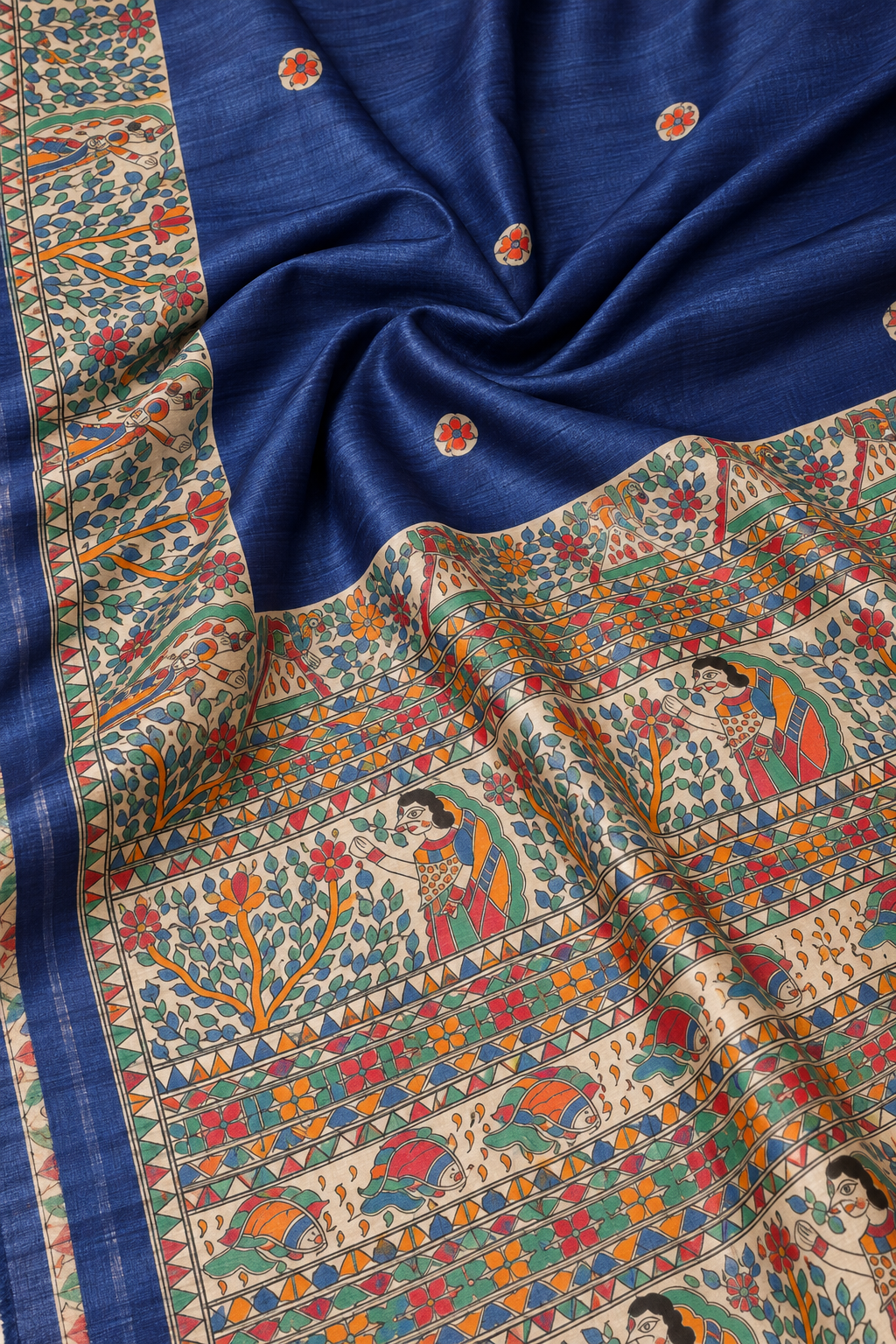 Handwoven Hand Painted Madhubani Tussar Ghicha Silk Saree-Blue