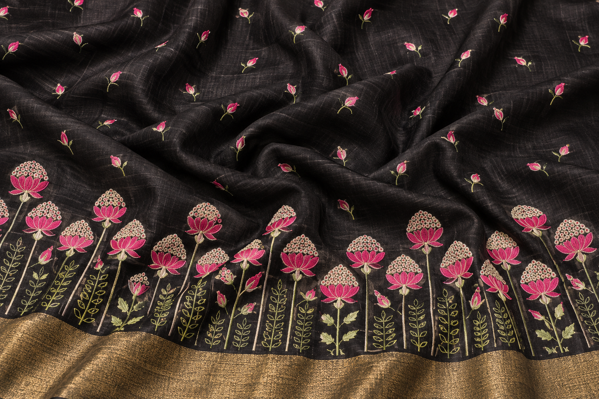 Embroidered Bhagalpuri Tussar Silk Saree-Black