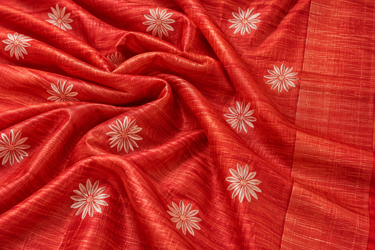 Handwoven Embroidered Bhagalpuri Tussar Ghicha Silk Saree