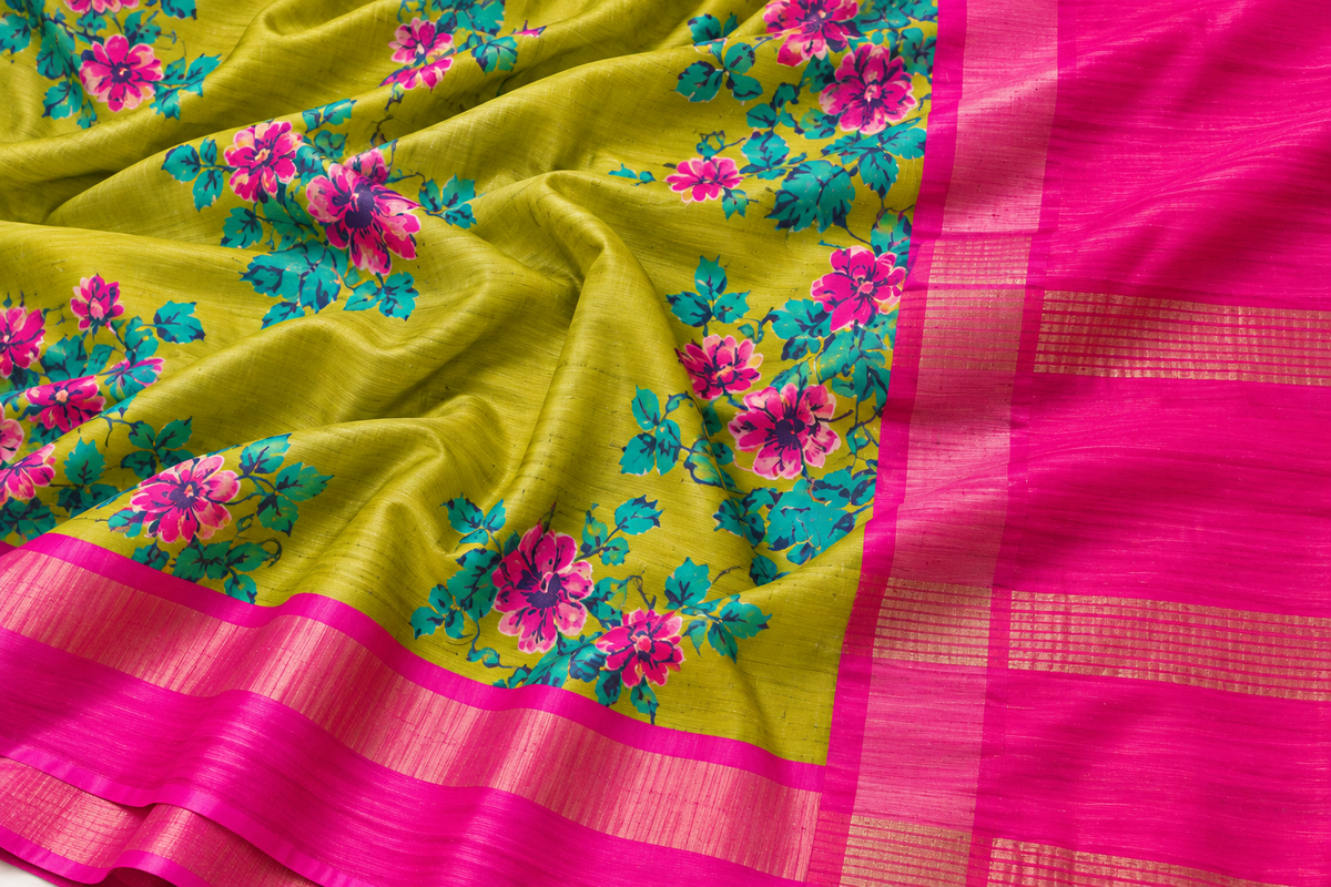 Handwoven Bhagalpuri Tussar Ghicha Silk Saree-Lime Green Floral