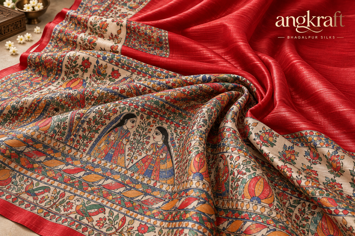 Handwoven Handpainted Madhubani Bhagalpuri Tussar Ghicha Silk Saree-Red