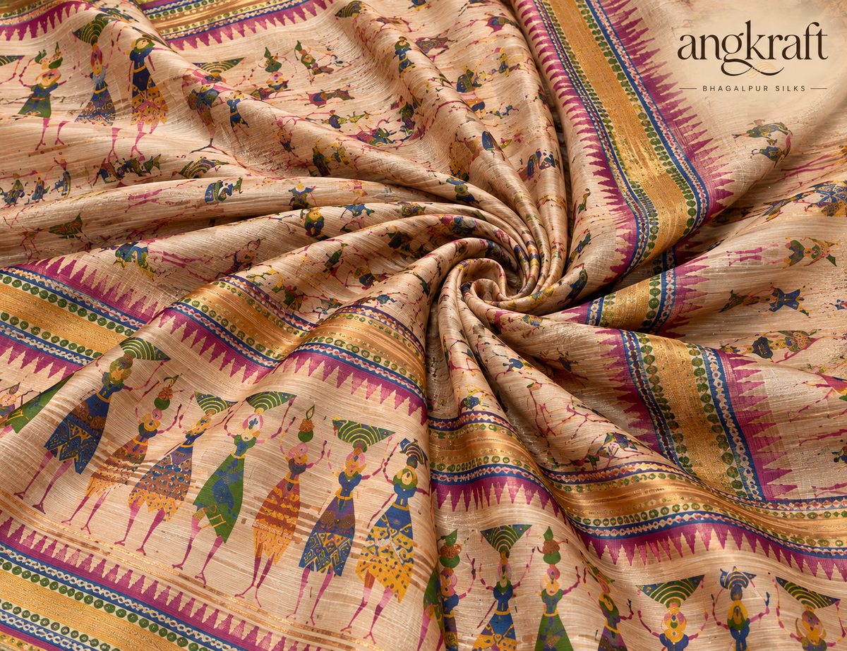 Handwoven Worli Pattern Bhagalpuri Tussar Ghicha Silk Saree