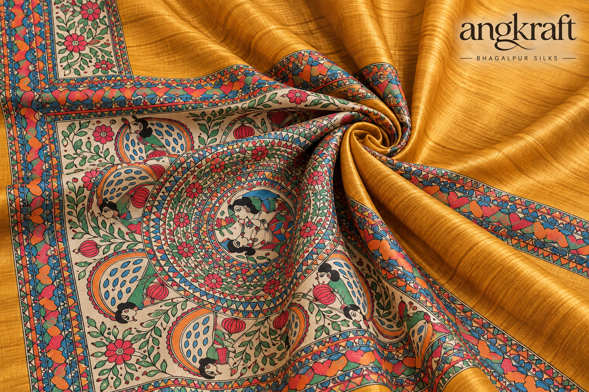 Handwoven Handpainted Madhubani Bhagalpuri Tussar Ghicha Silk Saree-Mustard