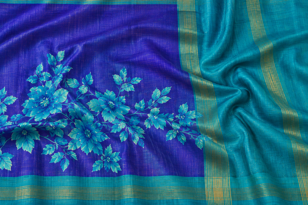 Handwoven Screenprinted Bhagalpuri Tussar Ghicha Silk Saree