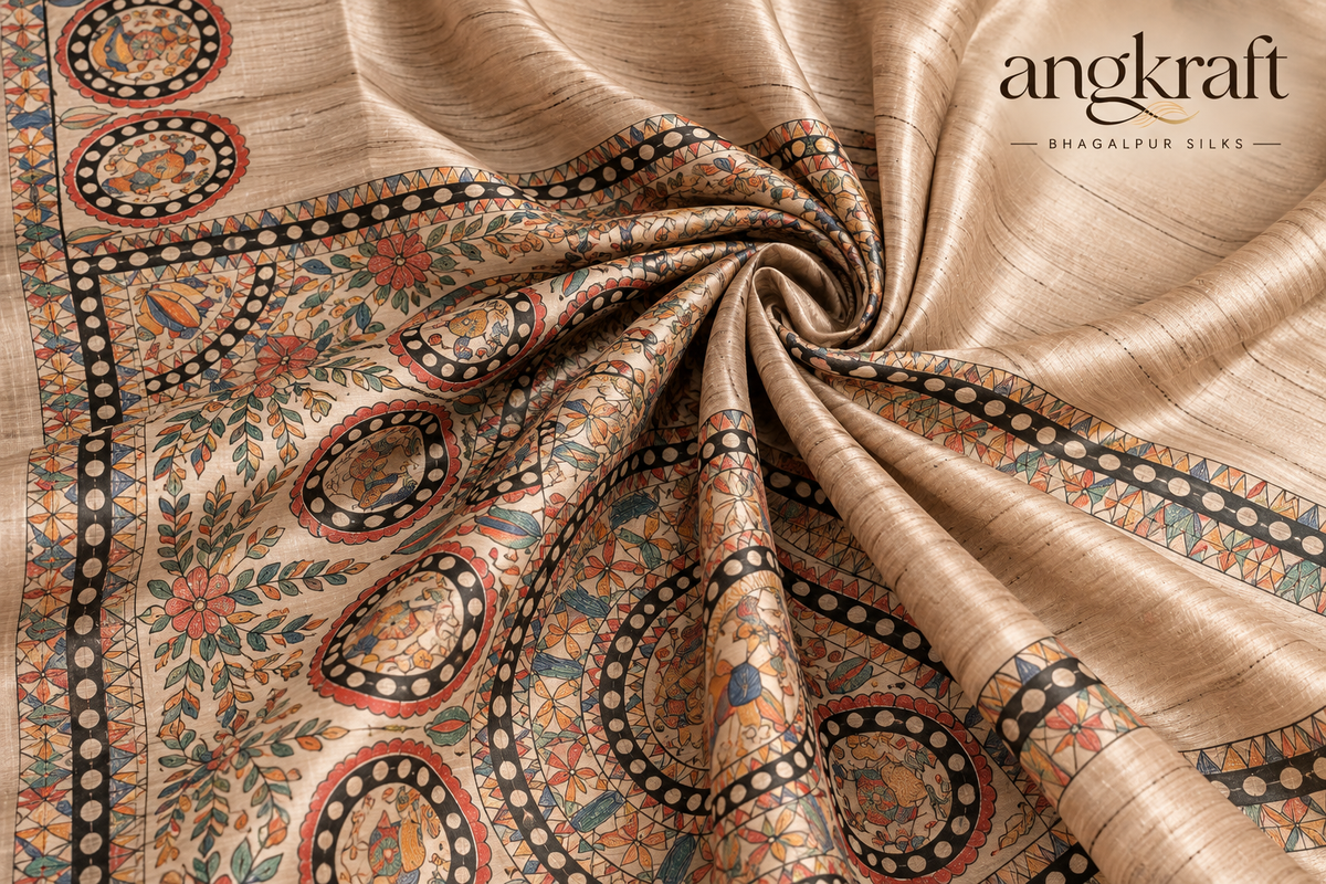 Handwoven Handpainted Madhubani Bhagalpuri Tussar Ghicha Silk Saree-Kora