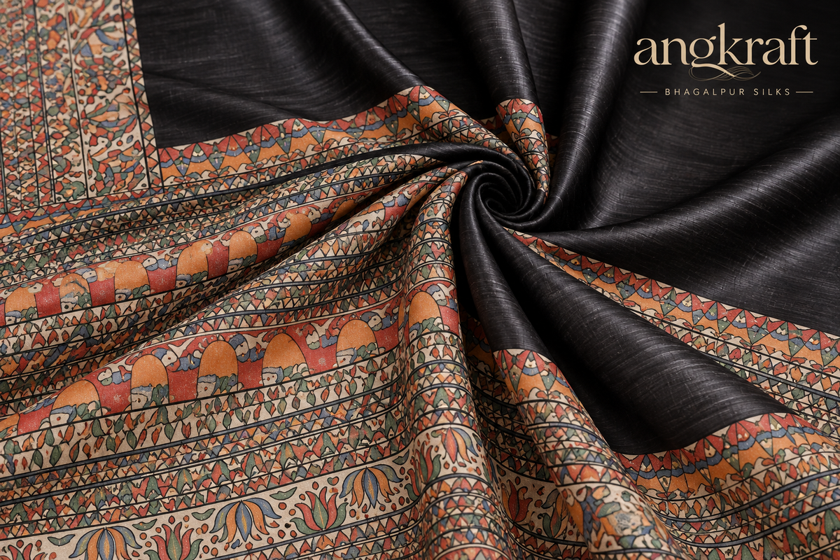 Handwoven Handpainted Madhubani Bhagalpuri Tussar Ghicha Silk Saree-Black