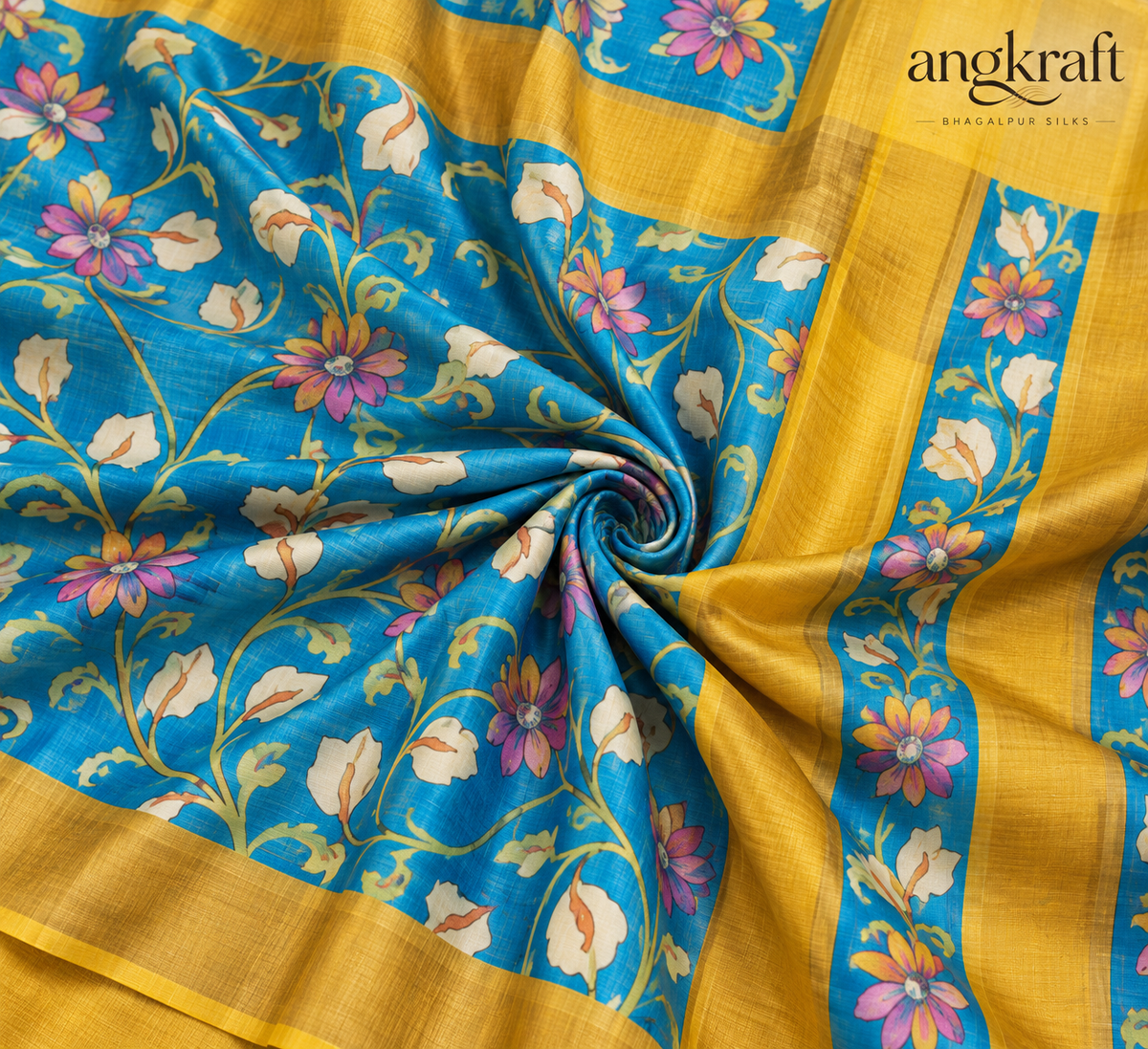 Handwoven Screenprinted Bhagalpuri Tussar Ghicha Silk Saree