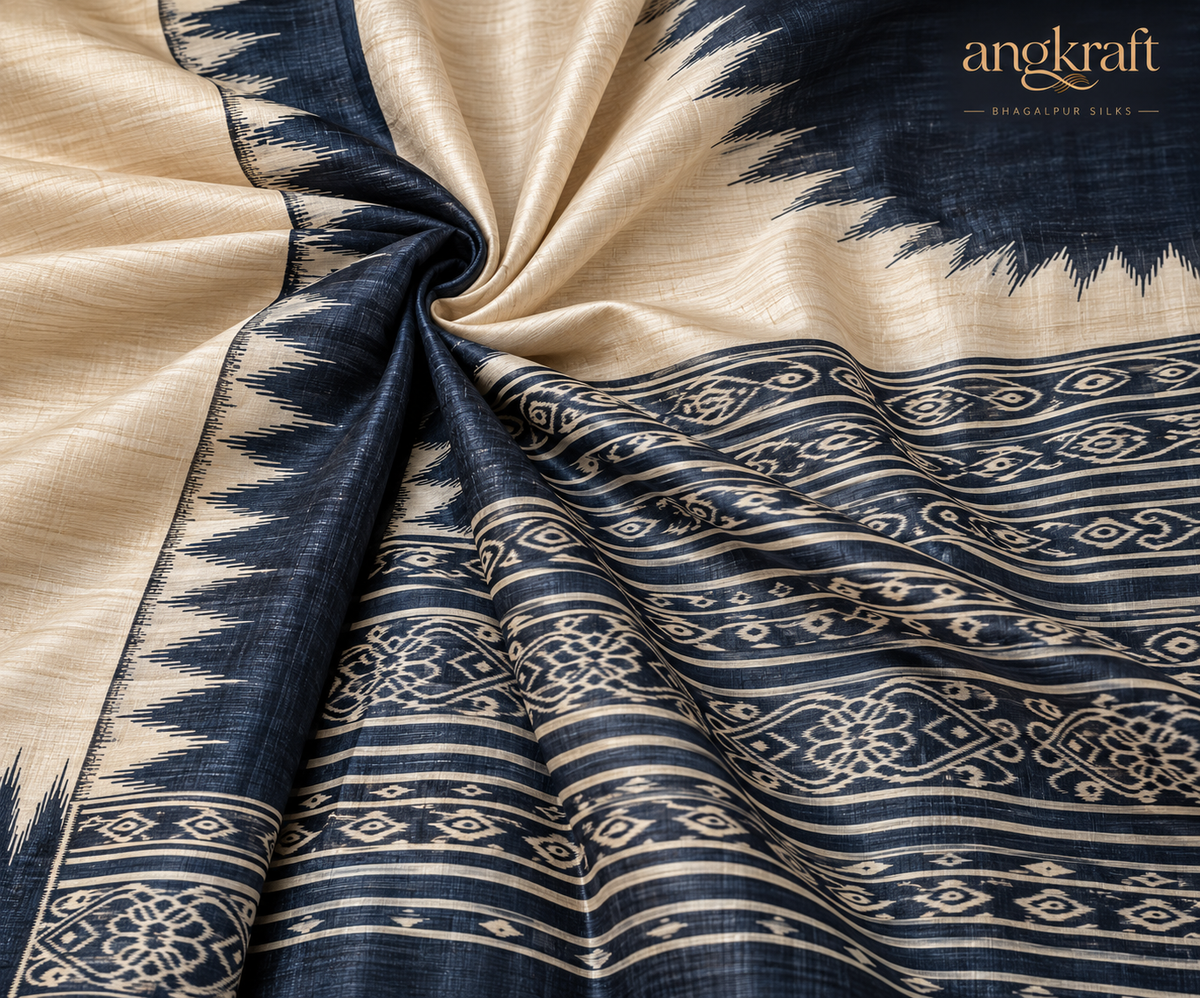 Handwoven Screenprinted Bhagalpuri Tussar Ghicha Silk Saree-Templa Border Black