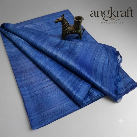 Handwoven Bhagalpuri Navy Blue Tussar Ghicha Silk Saree
