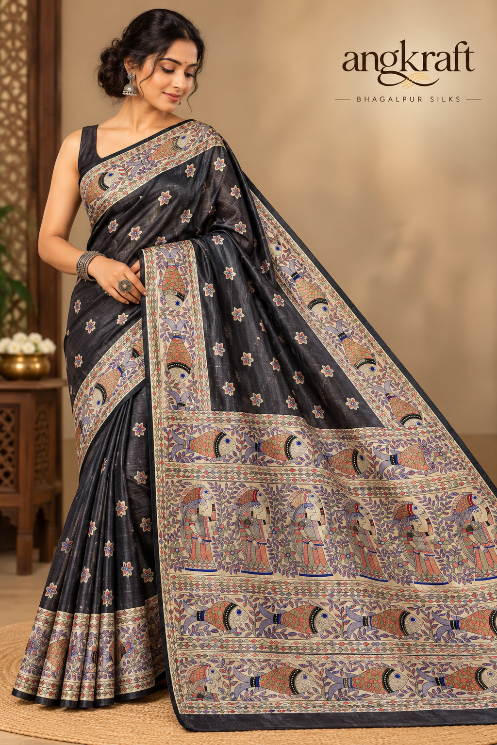 Handwoven Handpainted Bhagalpuri Tussar Ghicha Silk Saree-Black