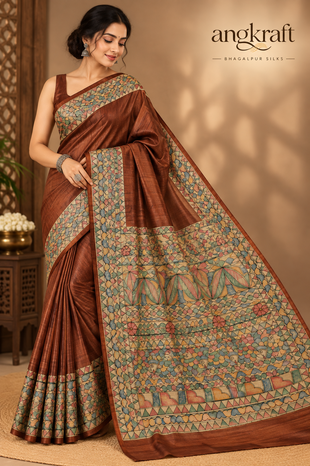 Handwoven Handpainted Madhubani Bhagalpuri Tussar Ghicha Silk Saree-Brown