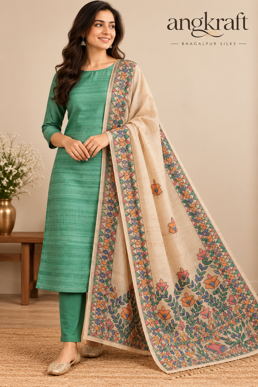 Handwoven Handpainted Madhubani Bhagalpuri Tussar Ghicha Suit Dupatta-Artisanal Green