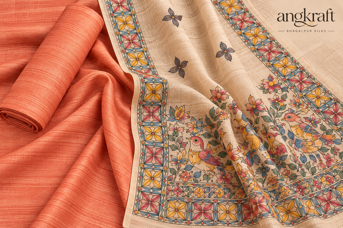 Handwoven Handpainted Madhubani Tussar Ghicha Suit Dupatta-Orange