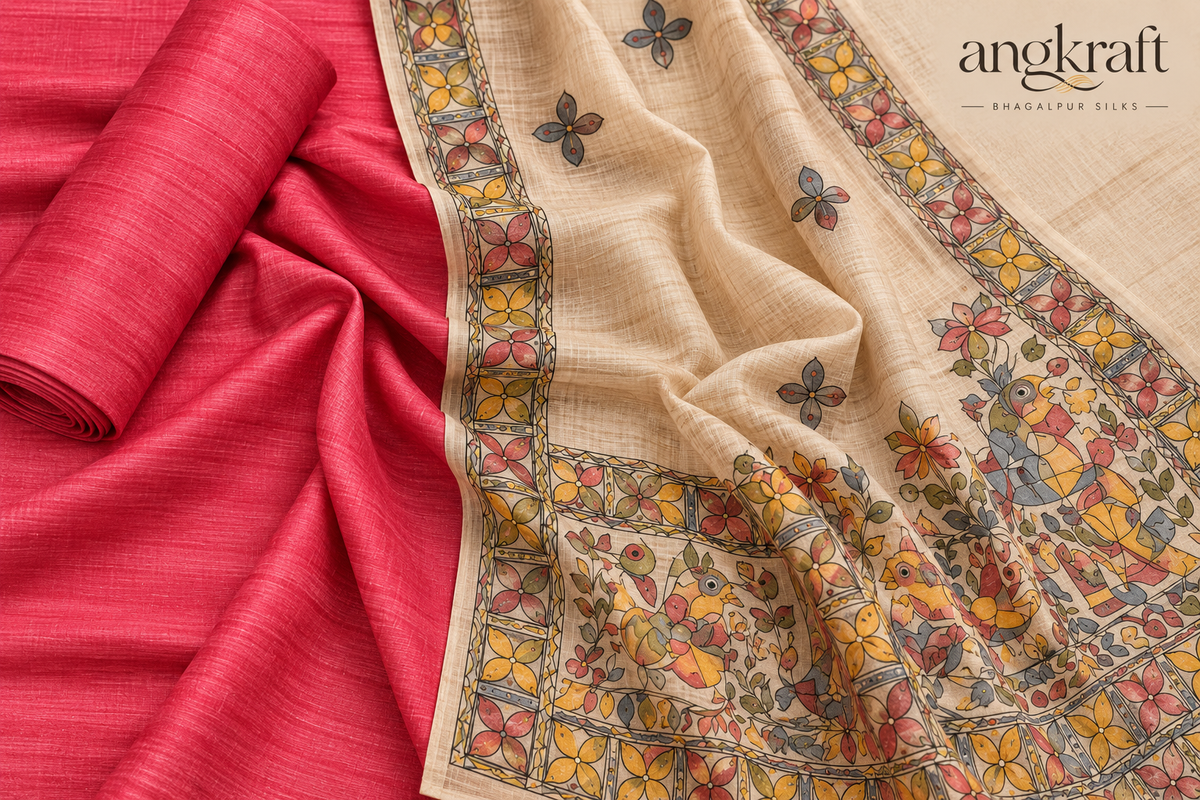 Handwoven Handpainted Madhubani Bhagalpuri Tussar Ghicha Suit Dupatta-Red