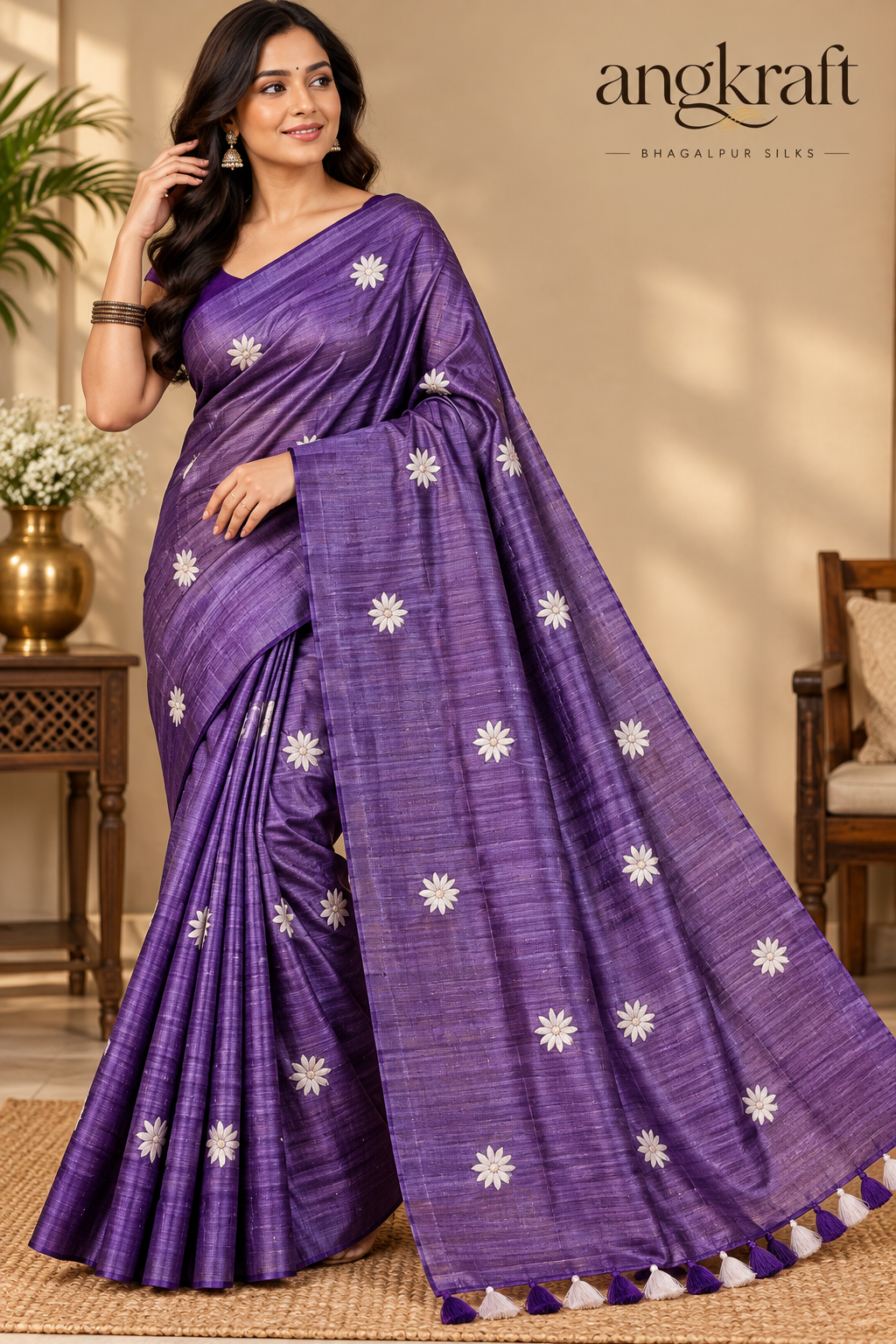 Handwoven Embroidered Bhagalpuri Tussar Ghicha Silk Saree-Purple