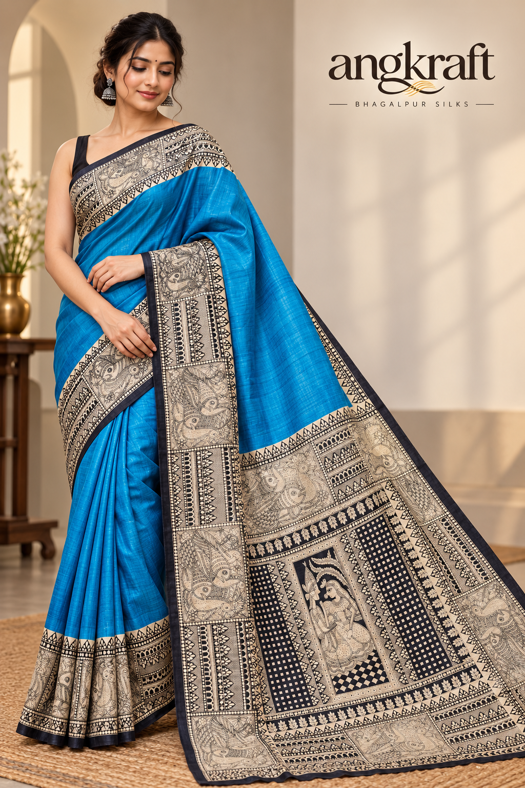 Handwoven Madhubani Screenprinted Bhagalpuri Tussar Ghicha Silk Saree-Turquoise