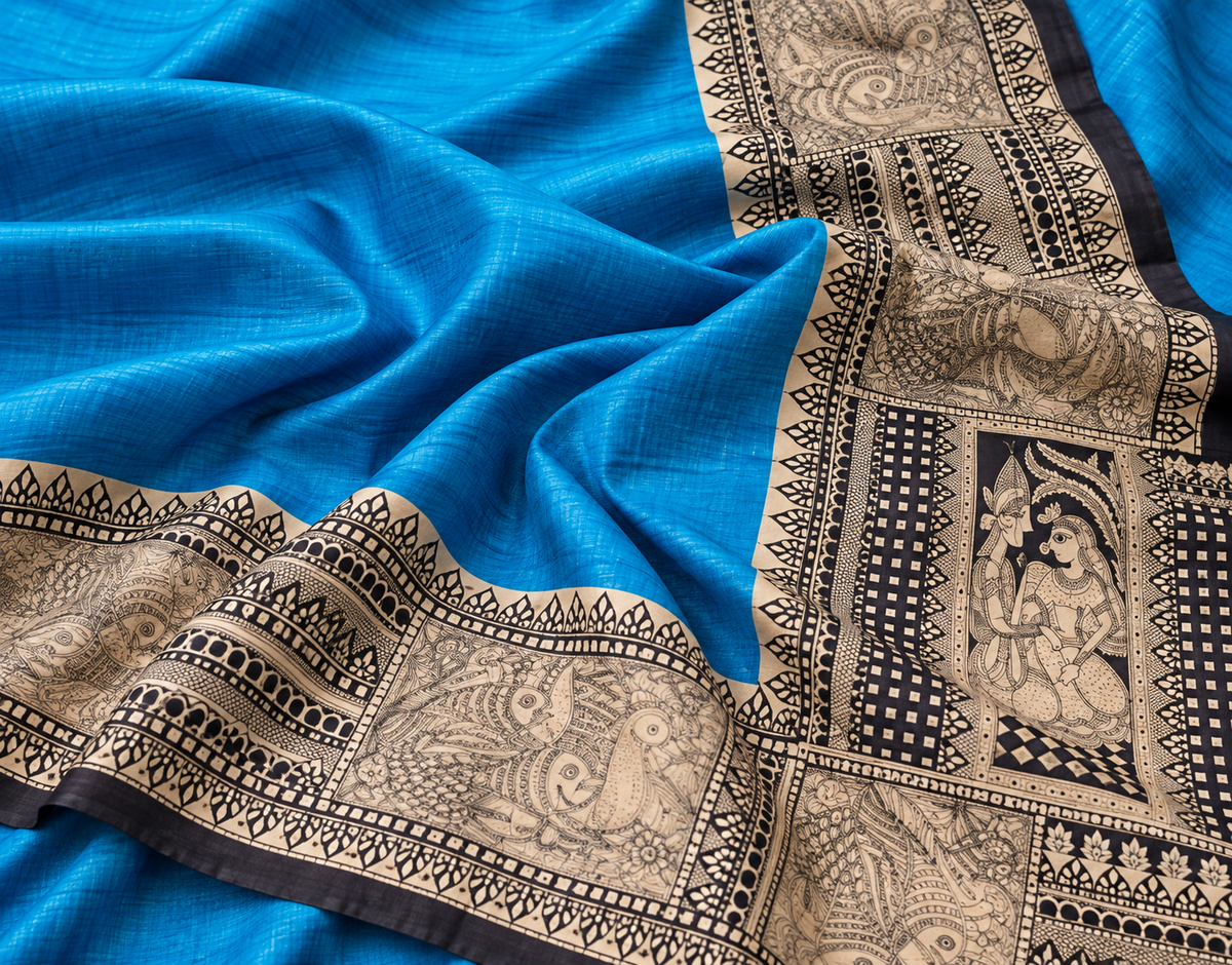 Handwoven Madhubani Screenprinted Bhagalpuri Tussar Ghicha Silk Saree-Turquoise