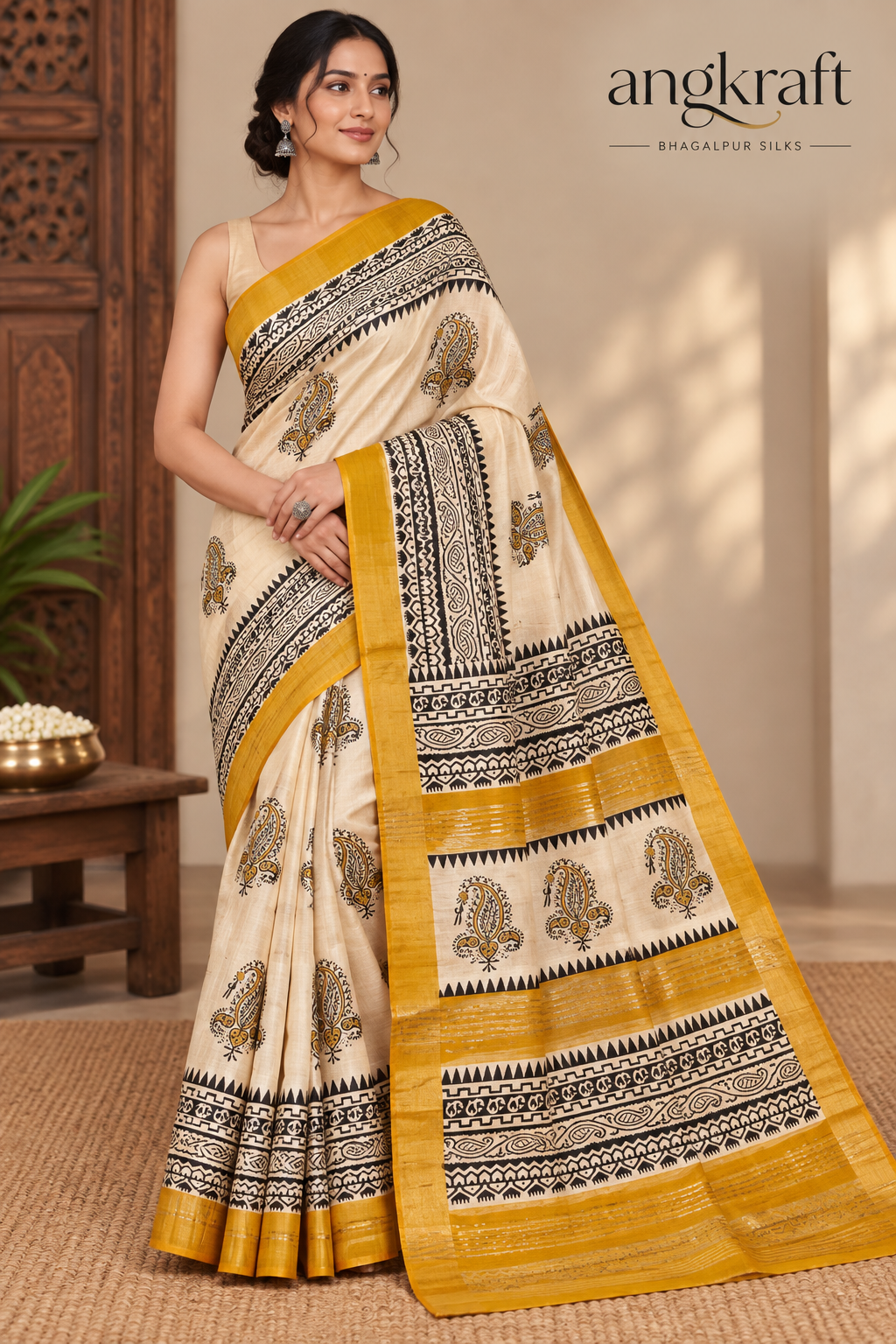 Handwoven Screenprinted Tussar Ghicha Silk Saree-Paisley
