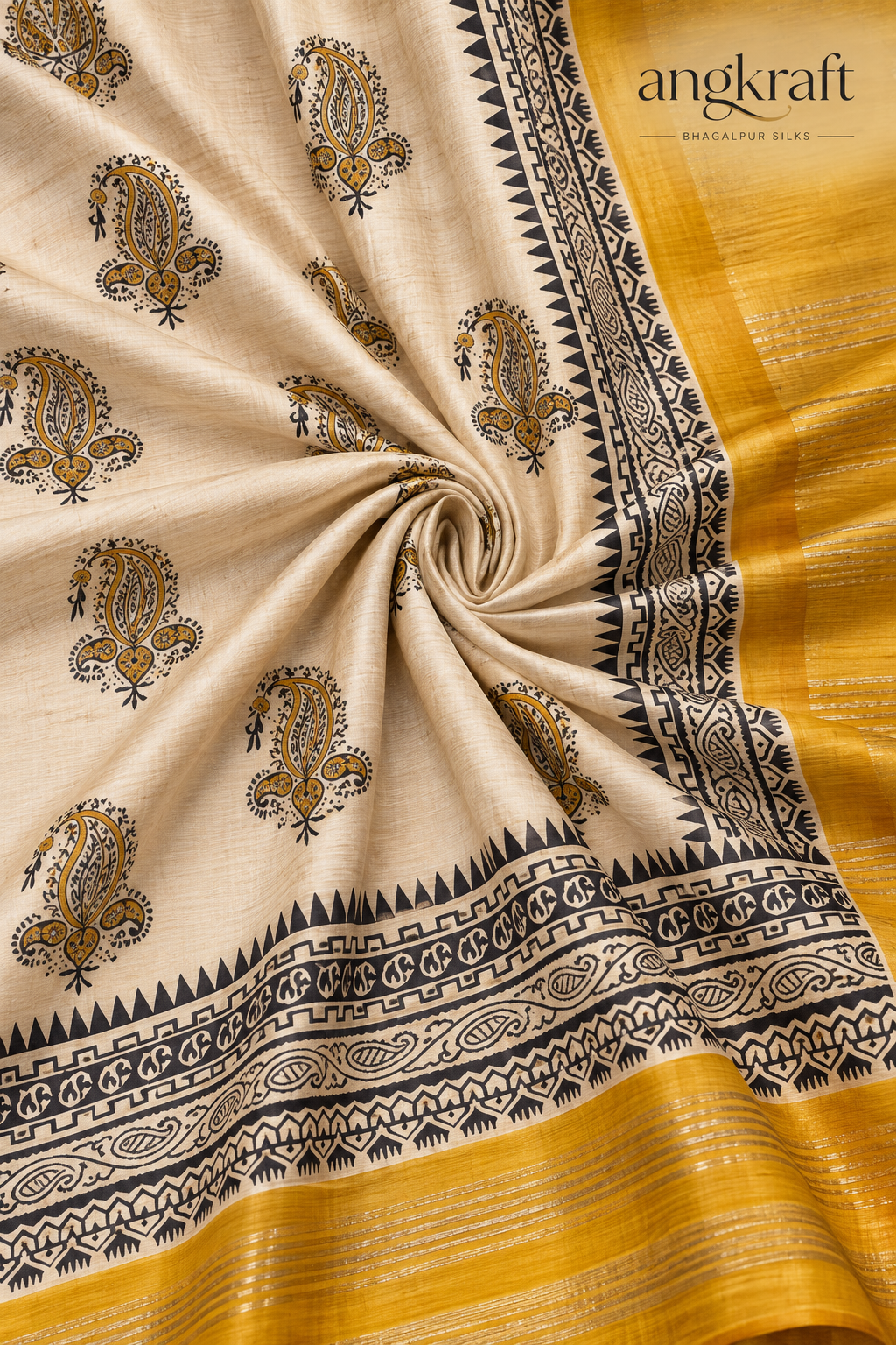 Handwoven Screenprinted Tussar Ghicha Silk Saree-Paisley