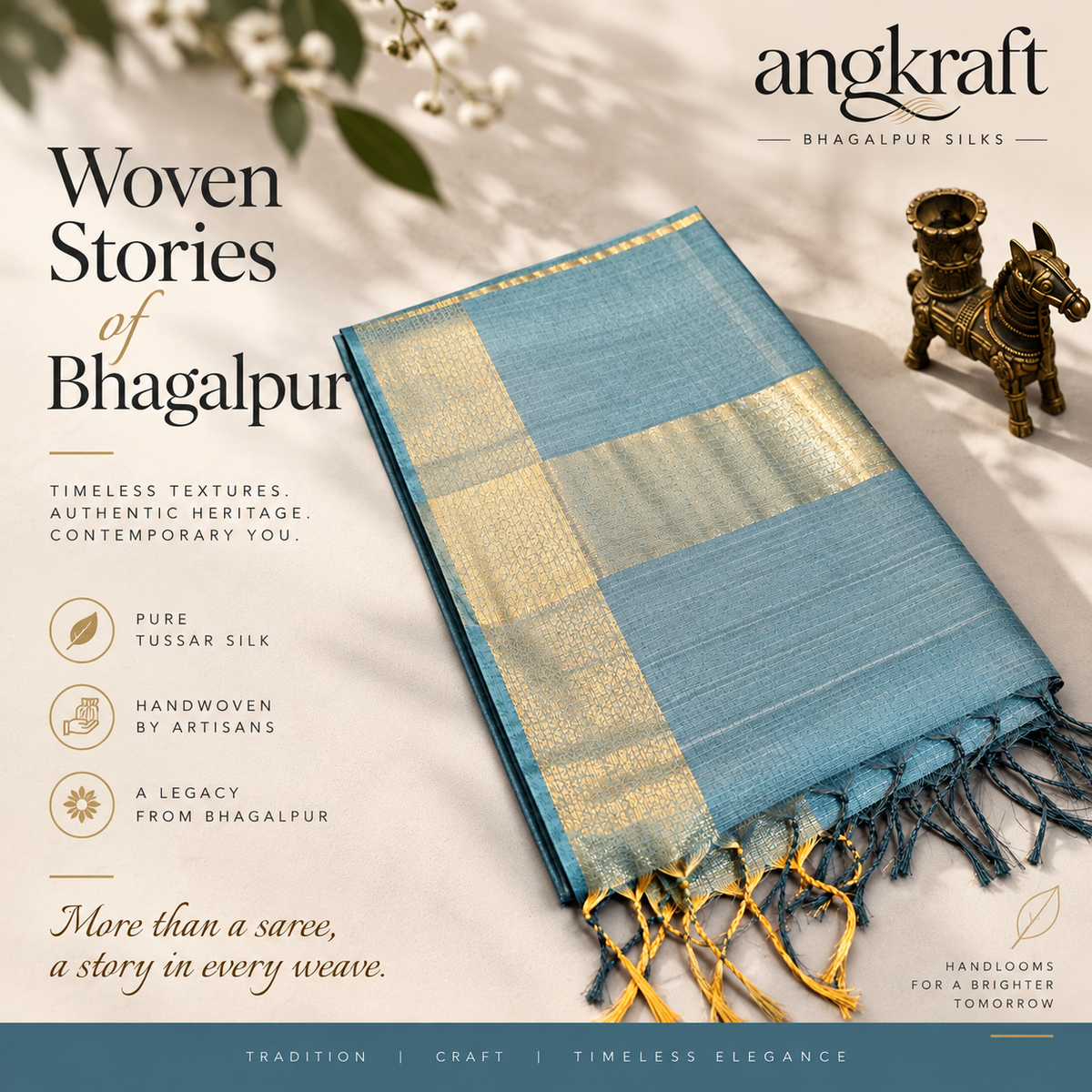 Handwoven Tussar by Tussar Bhagalpuri Silk Saree-Grey