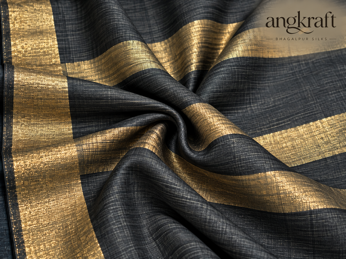 Handwoven Tussar by Tussar Bhagalpuri Silk Saree-Black