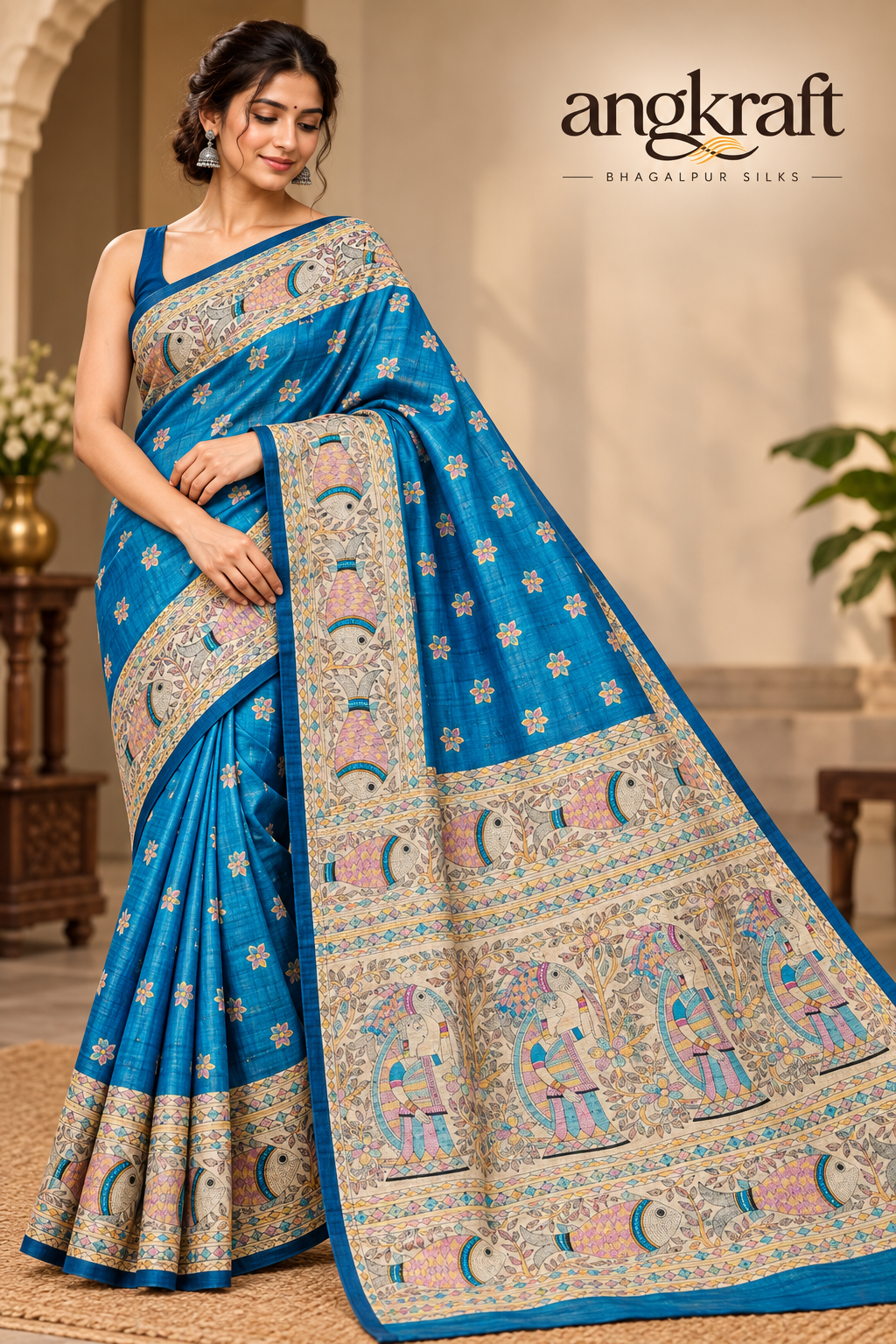 Handwoven Madhubani Screenprinted Bhagalpuri Tussar Ghicha Silk Saree-Teal