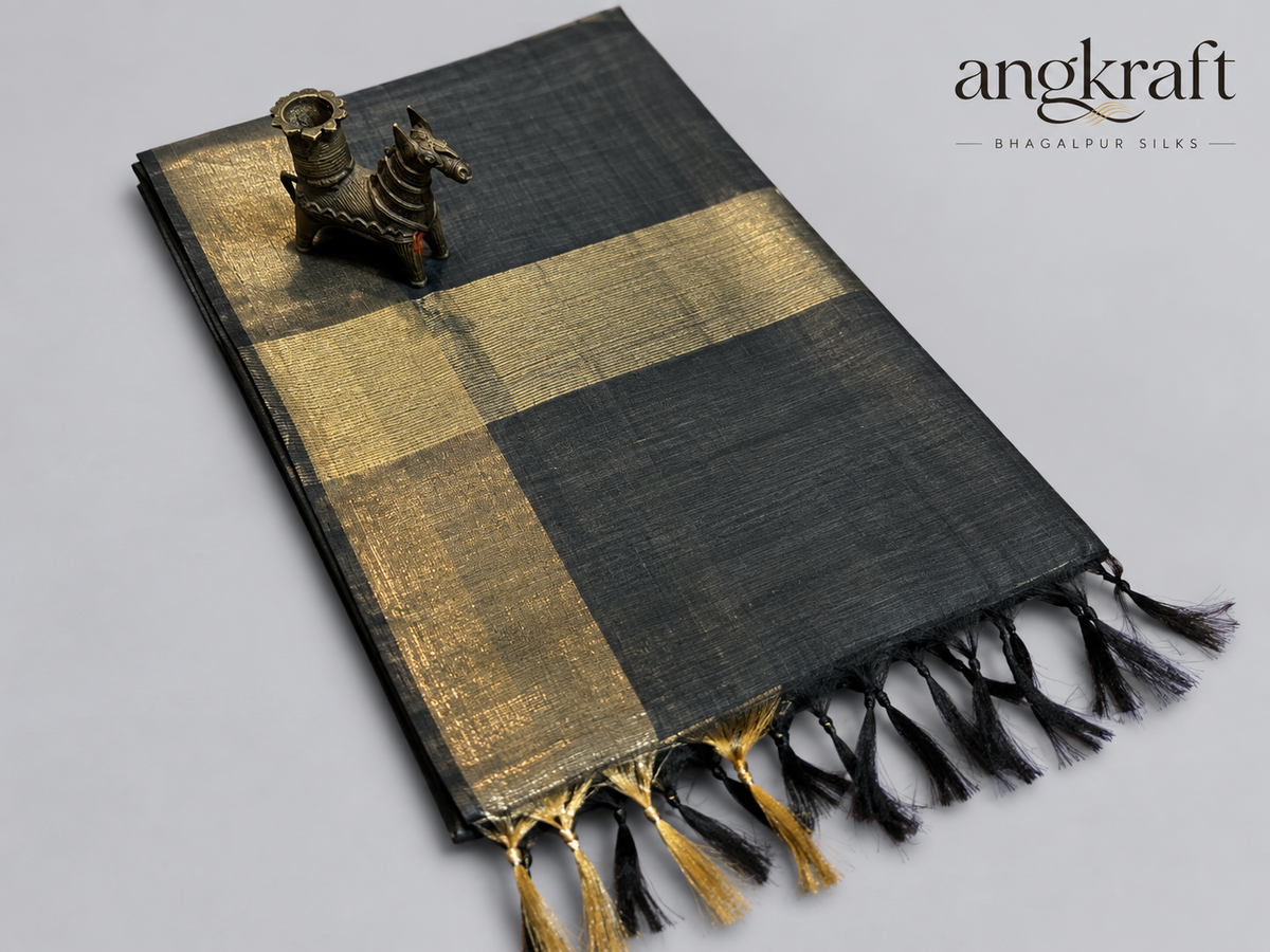 Handwoven Tussar by Tussar Bhagalpuri Silk Saree-Black