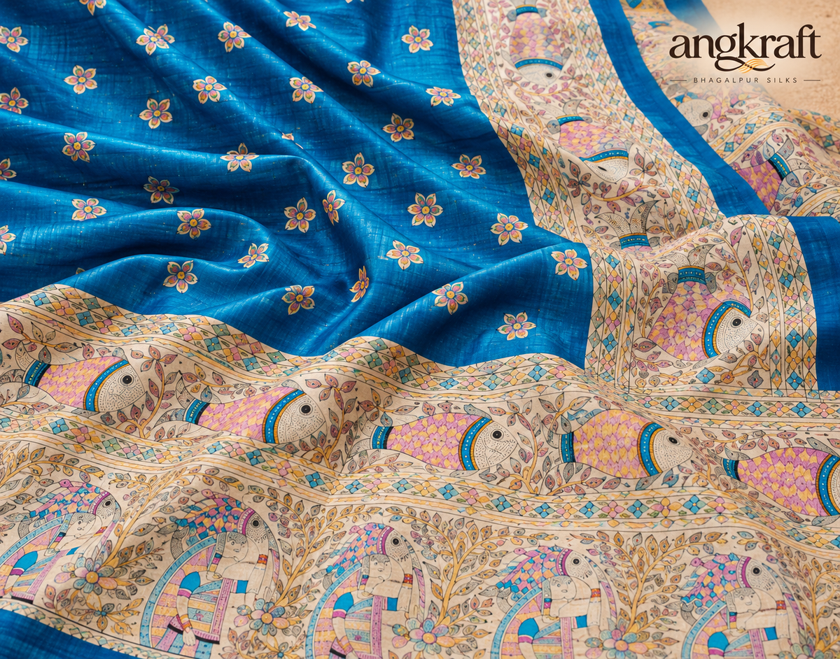 Handwoven Madhubani Screenprinted Bhagalpuri Tussar Ghicha Silk Saree-Teal