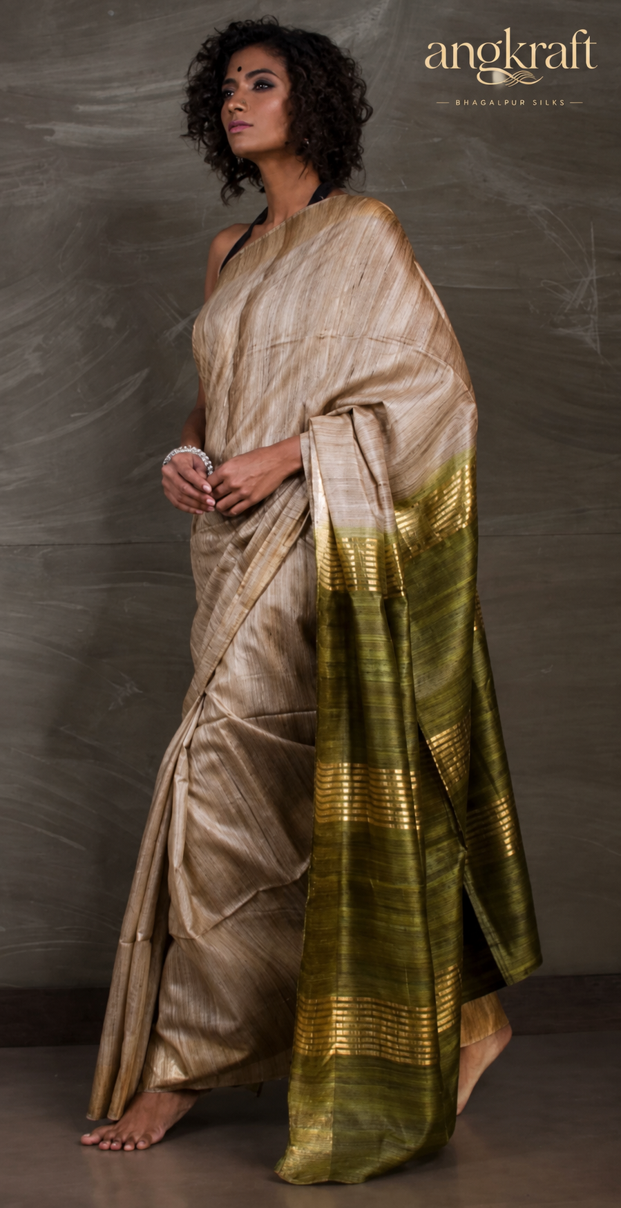 Handwoven Dual Tone Zari Border Bhagalpuri Tussar Ghicha Silk Saree