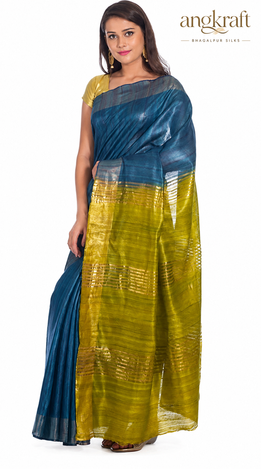 Handwoven Dual Tone Zari Border Bhagalpuri Tussar Ghicha Silk Saree