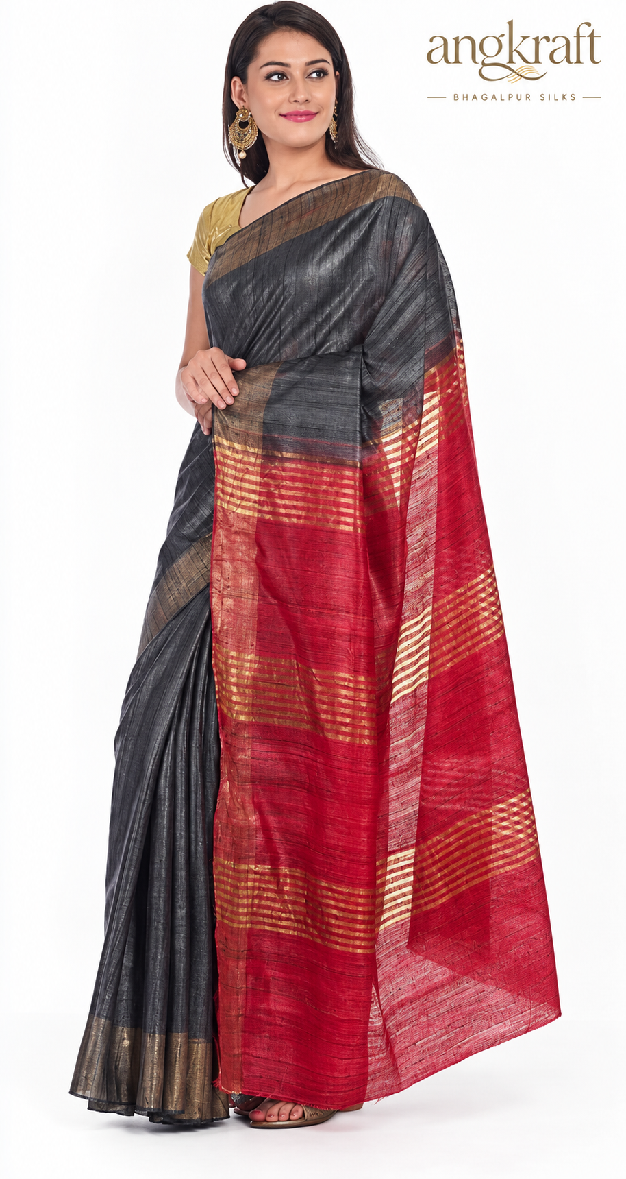 Handwoven Dual Tone Zari Border Bhagalpuri Tussar Ghicha Silk Saree